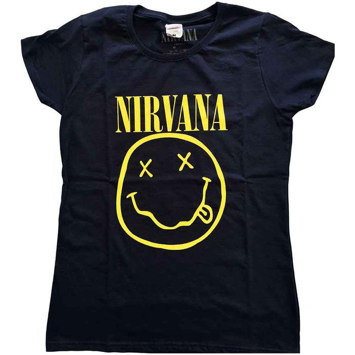 NIRVANA - YELLOW HAPPY FACE - Ladies T-Shirt Blue