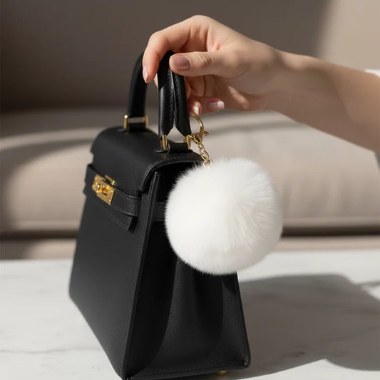 14cm Faux Fur Pom Pom Keychain – Soft Plush Ball Bag Charm (12-Piece Bulk Set, Black & White) (KC02BW)