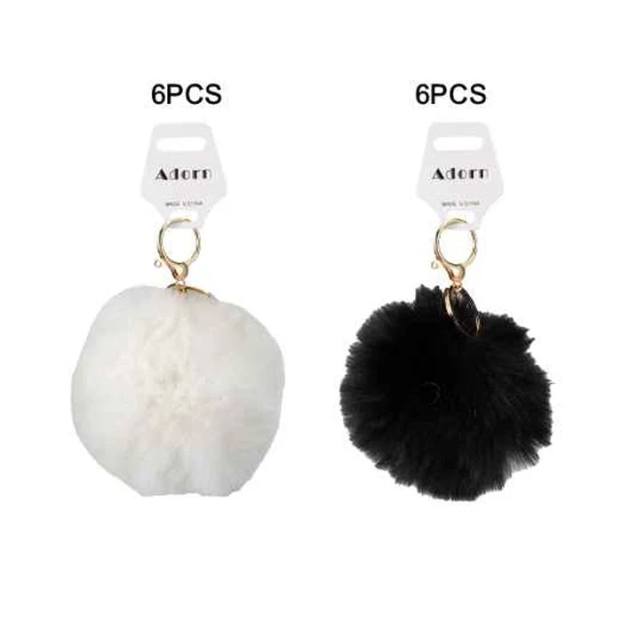 14cm Faux Fur Pom Pom Keychain – Soft Plush Ball Bag Charm (12-Piece Bulk Set, Black & White) (KC02BW)