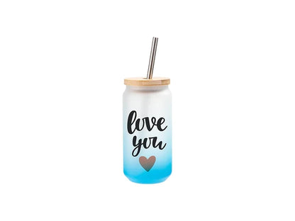 18oz/550ml Sublimation Blanks Glass Can Tumbler Gradient Light Blue with Bamboo Lid