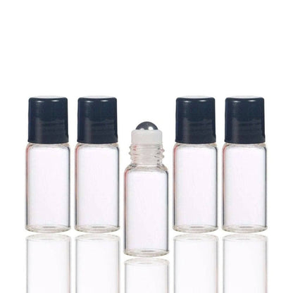 3 ml Clear Glass Vials w/ Stainless Steel Rollers & Black Caps (Pack of 5) at Your Oil Tools