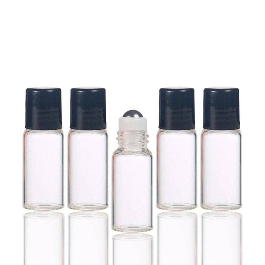 3 ml Clear Glass Vials w/ Stainless Steel Rollers & Black Caps (Pack of 5) at Your Oil Tools