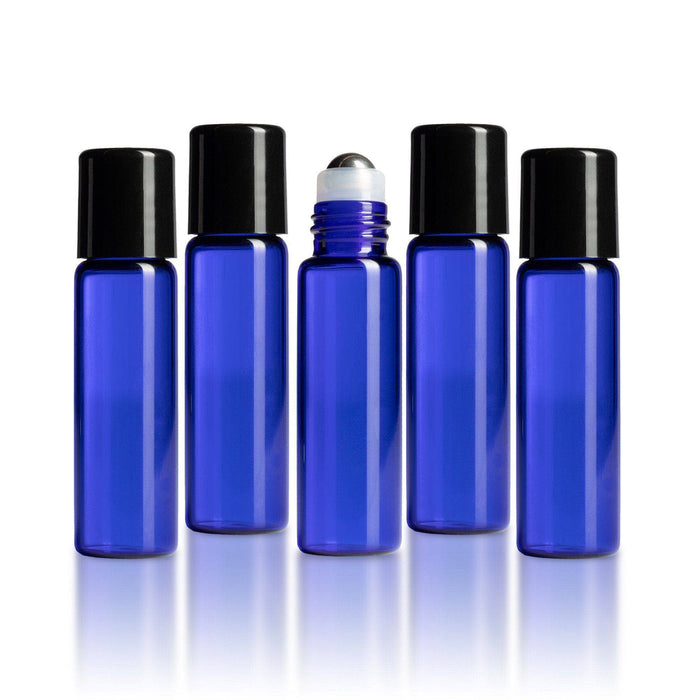 5 ml Blue Glass Vials w/ Stainless Rollers & Black Caps (Pack of 5) at Your Oil Tools
