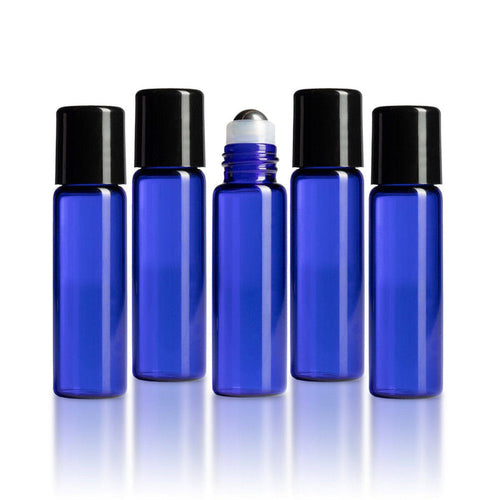 5 ml Blue Glass Vials w/ Stainless Rollers & Black Caps (Pack of 5) at Your Oil Tools