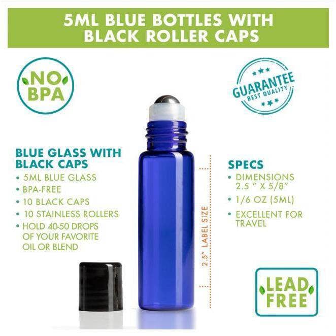 5 ml Blue Glass Vials w/ Stainless Rollers & Black Caps (Pack of 5) at Your Oil Tools