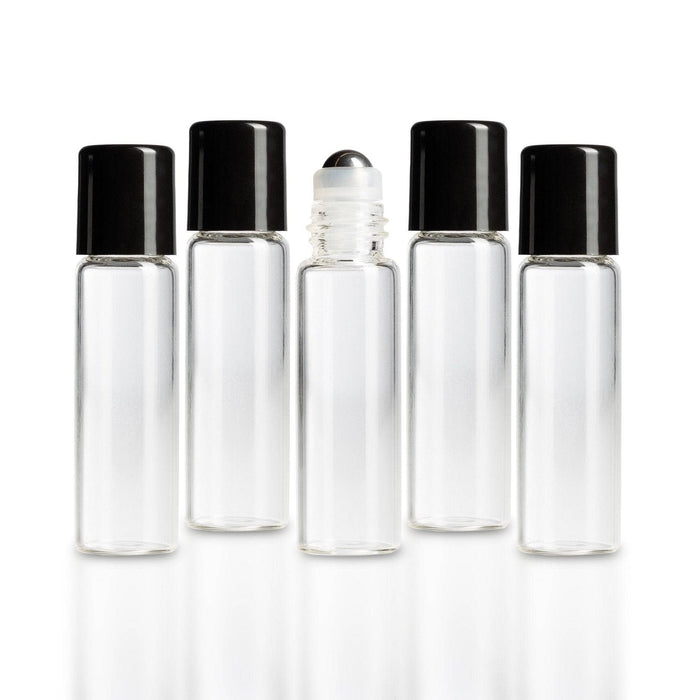 5 ml Clear Glass Vials w/ Stainless Steel Rollers & Black Caps (Pack of 5) at Your Oil Tools