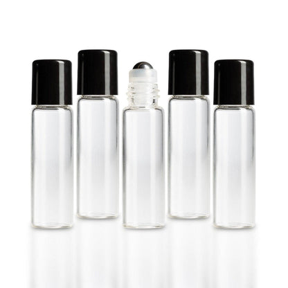 5 ml Clear Glass Vials w/ Stainless Steel Rollers & Black Caps (Pack of 5) at Your Oil Tools