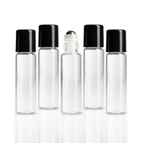 5 ml Clear Glass Vials w/ Stainless Steel Rollers & Black Caps (Pack of 5) at Your Oil Tools