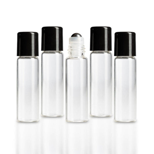 5 ml Clear Glass Vials w/ Stainless Steel Rollers & Black Caps (Pack of 5) at Your Oil Tools