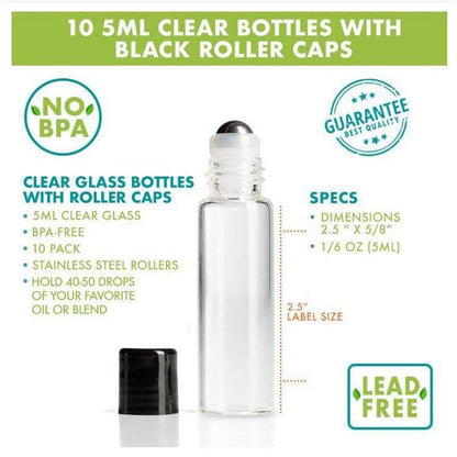 5 ml Clear Glass Vials w/ Stainless Steel Rollers & Black Caps (Pack of 5) at Your Oil Tools