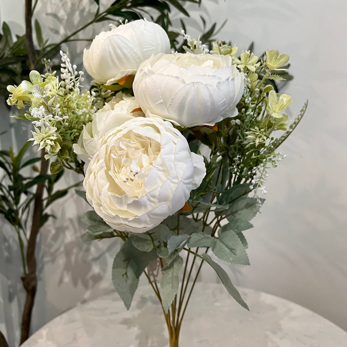 7-Head Peony Flower Bunch in WHITE Silk Flower Bunch with Fillers – 19" Bendable Stems Artificial Floral Bouquet for Vases, Home Decor, Office, Bedroom & Living Room