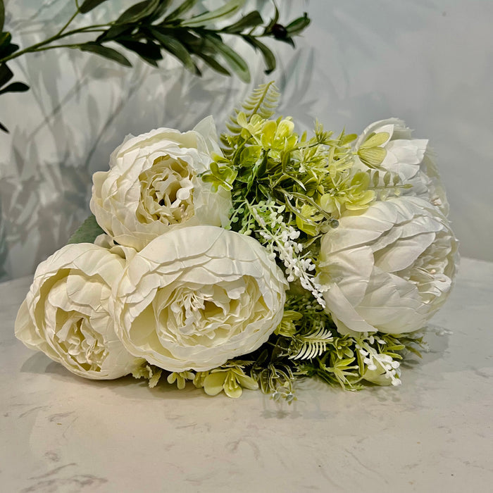 7-Head Peony Flower Bunch in WHITE Silk Flower Bunch with Fillers – 19" Bendable Stems Artificial Floral Bouquet for Vases, Home Decor, Office, Bedroom & Living Room