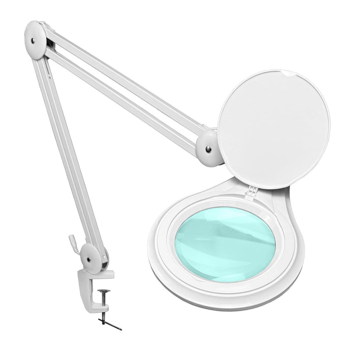 8 Diopter (3X) LED Magnifying Lamp with Clamp - 5-inch Lens and Flip Cover, SKU MG16303321, three quarter front view