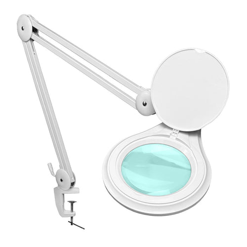 8 Diopter (3X) LED Magnifying Lamp with Clamp - 5-inch Lens and Flip Cover, SKU MG16303321, three quarter front view