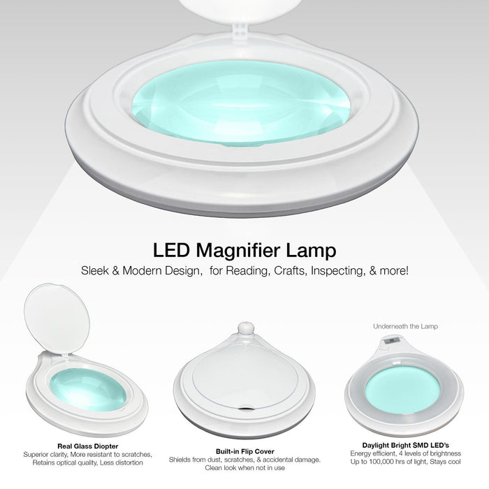 8 Diopter (3X) LED Magnifying Lamp with Clamp - 5-inch Lens and Flip Cover