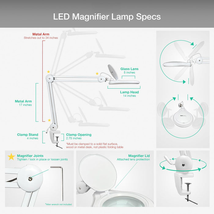 8 Diopter (3X) LED Magnifying Lamp with Clamp - 5-inch Lens and Flip Cover
