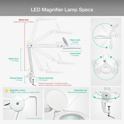 8 Diopter (3X) LED Magnifying Lamp with Clamp - 5-inch Lens and Flip Cover