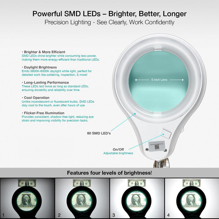 8 Diopter (3X) LED Magnifying Lamp with Clamp - 5-inch Lens and Flip Cover