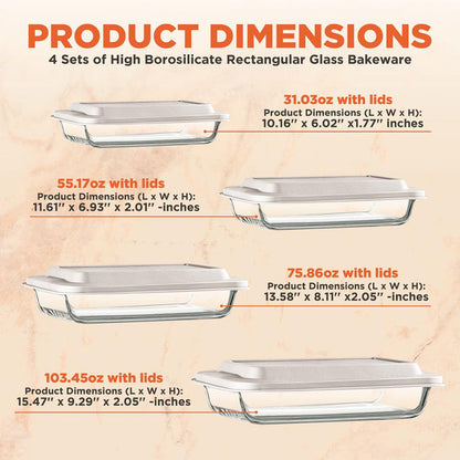 8-Piece Glass Baking Dish Set - Oven Safe, Borosilicate, White