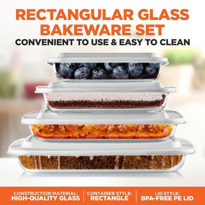 8-Piece Glass Baking Dish Set - Oven Safe, Borosilicate, White