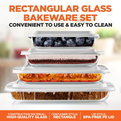 8-Piece Glass Baking Dish Set - Oven Safe, Borosilicate, White