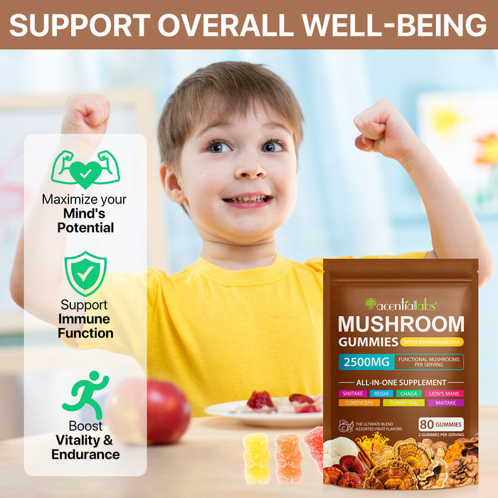 acentiallabs MUSHROOM GUMMIES WITH ASHWAGANDHA 2500MG FUNCTIONAL MUSHROOM SPER SERVING Bagged Gummies
