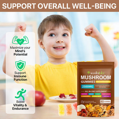 acentiallabs MUSHROOM GUMMIES WITH ASHWAGANDHA 2500MG FUNCTIONAL MUSHROOM SPER SERVING Bagged Gummies