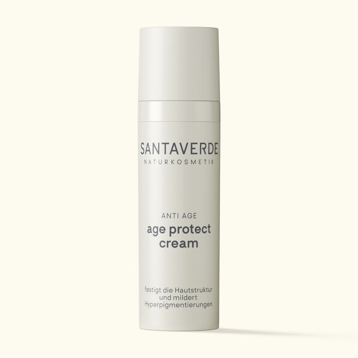 Santaverde Age Protect Cream – Anti-Aging Naturkosmetik Gesichtscreme mit Aloe Vera, Hyaluron und Antioxidantien in 30 ml Airless-Spender auf hellem Hintergrund