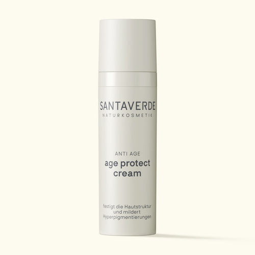 Santaverde Age Protect Cream – Anti-Aging Naturkosmetik Gesichtscreme mit Aloe Vera, Hyaluron und Antioxidantien in 30 ml Airless-Spender auf hellem Hintergrund