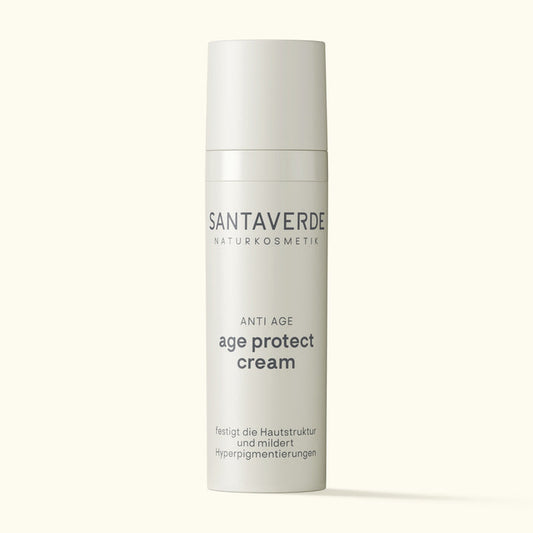 Santaverde Age Protect Cream – Anti-Aging Naturkosmetik Gesichtscreme mit Aloe Vera, Hyaluron und Antioxidantien in 30 ml Airless-Spender auf hellem Hintergrund