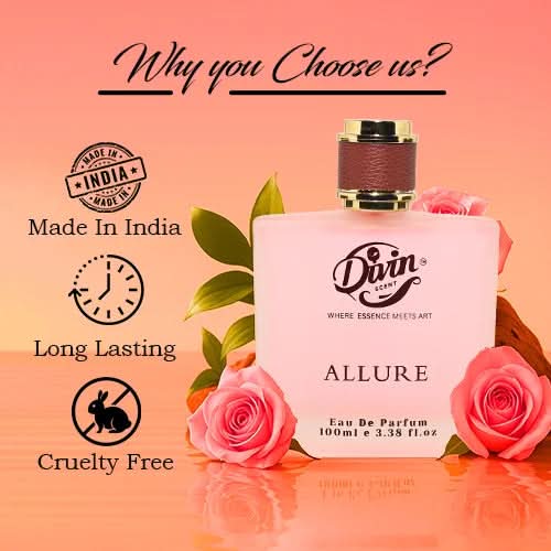 Promotional image of Divin Scent Allure Eau De Parfum 100ml bottle placed among pink roses with a gradient peach background, highlighting features like Made in India, Long Lasting, and Cruelty Free.