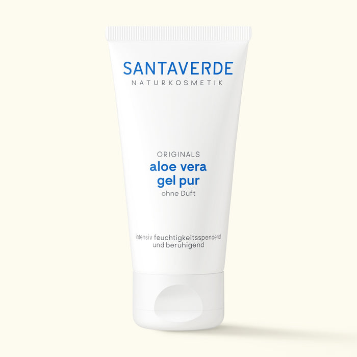Santaverde Aloe Vera Gel Pur ohne Duft – Naturkosmetik Feuchtigkeitspflege mit 100 % Aloe Vera in weißer 50 ml Tube auf hellem Hintergrund