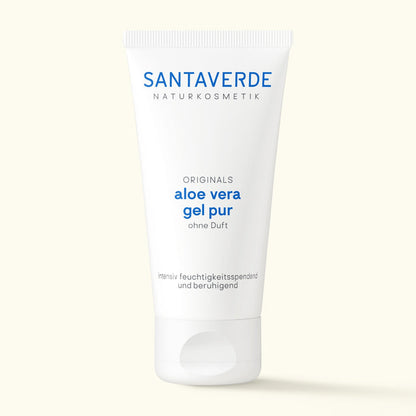 Santaverde Aloe Vera Gel Pur ohne Duft – Naturkosmetik Feuchtigkeitspflege mit 100 % Aloe Vera in weißer 50 ml Tube auf hellem Hintergrund