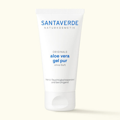 Santaverde Aloe Vera Gel Pur ohne Duft – Naturkosmetik Feuchtigkeitspflege mit 100 % Aloe Vera in weißer 50 ml Tube auf hellem Hintergrund