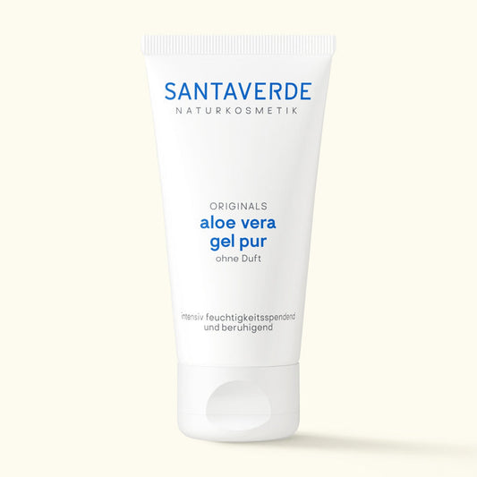 Santaverde Aloe Vera Gel Pur ohne Duft – Naturkosmetik Feuchtigkeitspflege mit 100 % Aloe Vera in weißer 50 ml Tube auf hellem Hintergrund