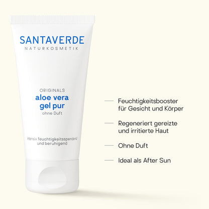 Santaverde Aloe Vera Gel Pur ohne Duft– Naturkosmetik Aloe Vera Gel, Produktdarstellung mit USPs und Anwendungsvorteilen auf hellem Hintergrund
