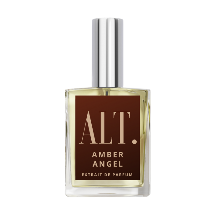 Bottle of Angels' Share fragrance by Kilian. The bottle is a deep amber color with a golden, diamond-shaped plaque on the front. The fragrance is described as a blend of Cognac, Cinnamon, Tonka Bean, Oak, Praline, Vanilla, and Sandalwood. dupe knock off imitation duplicate alternative fragrance