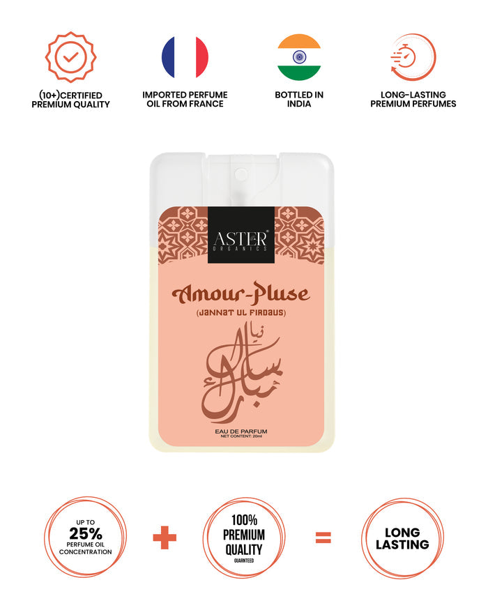 Amour Pluse 20ml pocket perfume bottle with Oud scent.