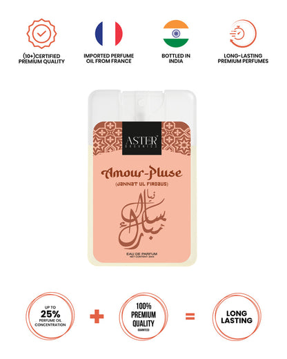 Amour Pluse 20ml pocket perfume bottle with Oud scent.