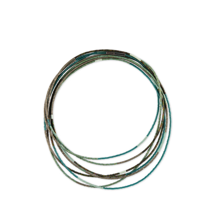 Julia Turner Arbor Sweep Necklace with small beads in silver, teal, turquoise, pale green and white