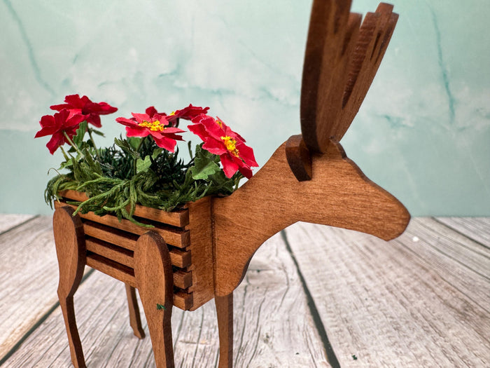 Artisan Wilhelmina Handmade Wooden Raindeer Poinsetta Planter