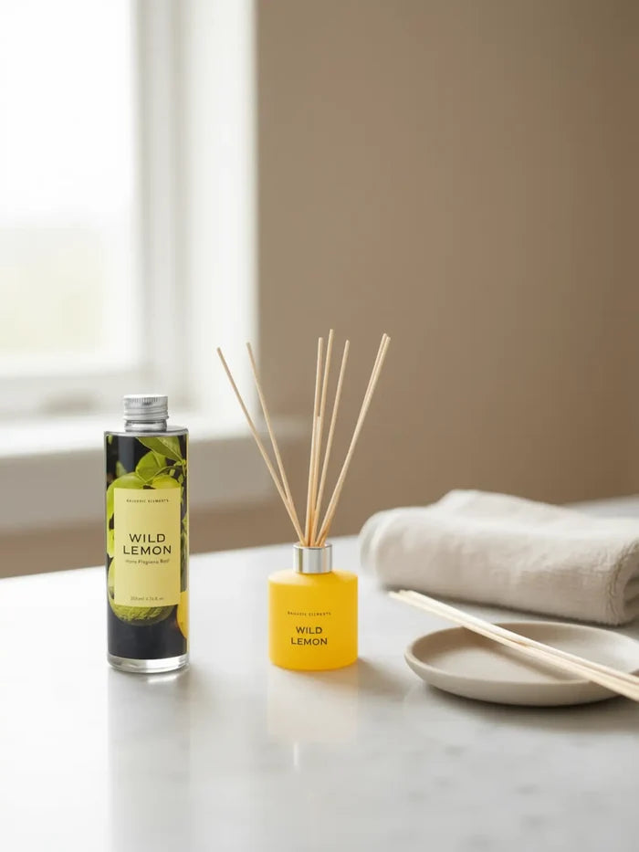 A Wild Lemon reed diffuser refill bottle and matching reed diffuser set on a light marble surface with a folded cream towel and small dish in the background.