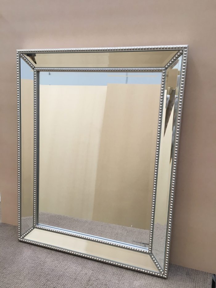 Contemporary Mirror with Beaded Warm Silver Frame