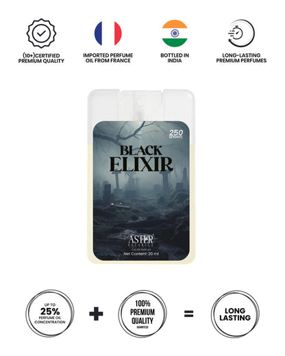 Black Elixer 20ml unisex pocket perfume bottle.