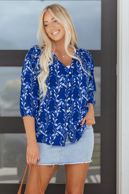 Blue Botanical Print Bracelet Sleeve Notched Neck Blouse