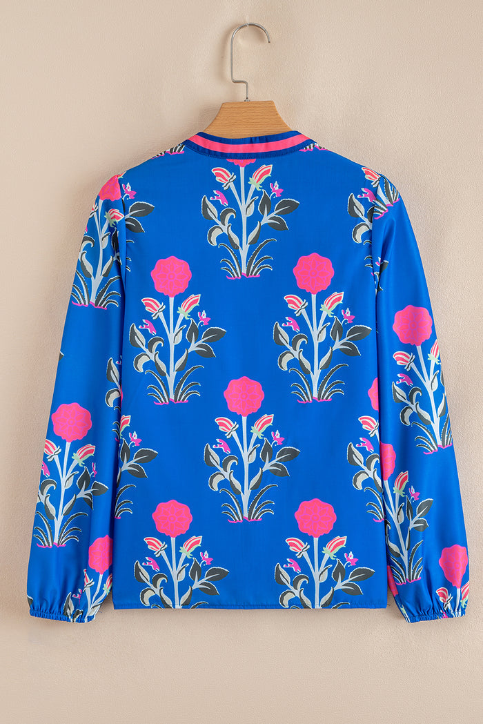 Blue Floral Print Contrast Striped Trim Notched Neck Long Sleeve Blouse