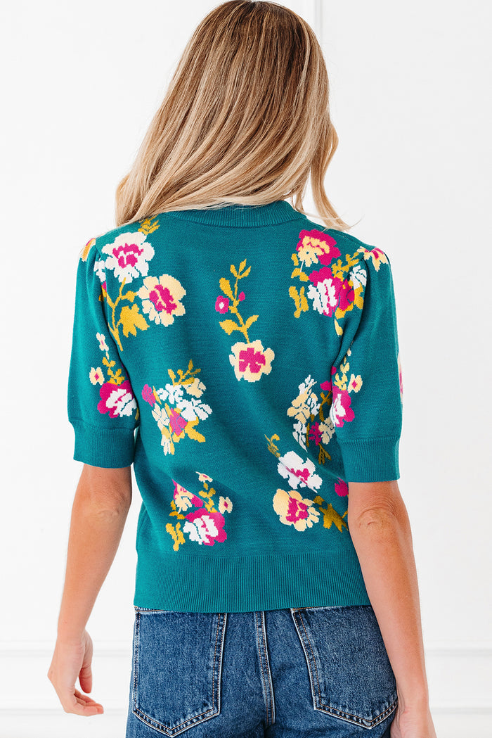 Blue Flower Pattern Mock Neck Short Sleeve Knitted T Shirt