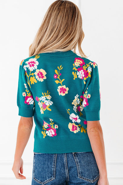 Blue Flower Pattern Mock Neck Short Sleeve Knitted T Shirt