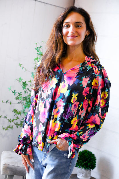 Bold and Blooming Bubble Sleeve Woven Blouse