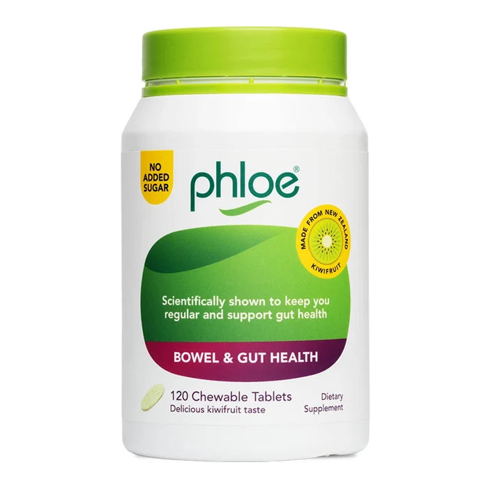 Phloe brand dietary supplement bottle for 'Bowel & Gut Health' containing 120 chewable tablets. The white bottle has a bright lime green cap and a label featuring green and purple sections with product details.
